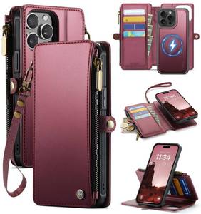 lot 4052 image: ZipFoldy for iPhone 15 Pro Phone Case Wallet Magnetic Detachable, Burgundy