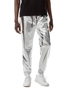 lot 4055 image: ZEROYAA Mens 70s Metallic Shiny Jogger Sweatpant Silver XXXL