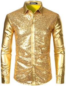 lot 4067 image: ZEROYAA Mens Shiny Metallic Sequin 70s Disco Long Sleeve Button Down Shirts for Halloween Cosplay Club Dance Hip Hop Party Gold XX-Large