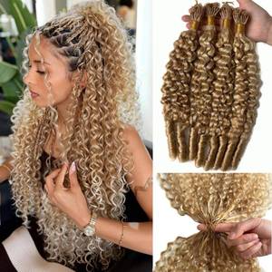 lot 4087 image: Balayage Micro Pre Looped Crochet Human Hair Extensions 14 Inch Burmese Curly Human Invisible Crochet Hair Pre Separated Knotless Strawberry Blonde Highlights Corchet for Braiding Twist Extension 50G