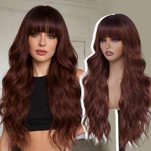 lot 4100 image: Auburn Wig with Bangs for Women,26 Inch Reddish Brown Wavy Curly Hair