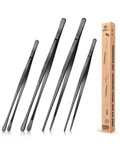 lot 4101 image: 4 Pcs Fine Long Tweezer Tongs Professional Black, 12 and 10 Stainless Steel for Kitchen, Food, Cooking, Repairing, Sea food and BBQ