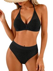 lot 4499 image: Aidonger Bikini Sets for Women Halter V Neck Two Piece Swimsuit Mid Rise Textured Bathing Suits Black (Size M)