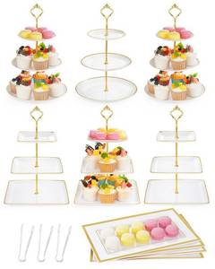 lot 5168 image: 13 Pcs Dessert Display Set, 6 3-Tier Cupcake Stands, 4 Trays & 3 Tongs