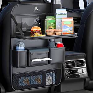 lot 5173 image: FASTAGEI Universal Foldable Car Backseat Organizer with Table Tray, Car Seat Back Protector with Touch Screen Phone Holder, Premium Leather Kick Mats with Storage Pockets Tissue Holder (Black)