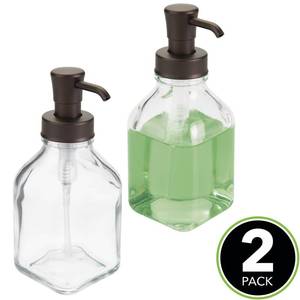 lot 5178 image: mDesign Square Glass Refillable Liquid Soap Dispenser Pump Bottle for Bathroom Vanity Countertop, Kitchen Sink - Holds Hand Soap, Dish Soap, Hand Sanitizer, Essential Oils - 2 Pack - ClearBronze