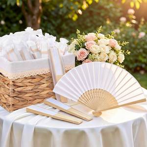 lot 5190 image: Aneco 100 Pieces Silk Wedding Fans Bamboo Handheld Folding Fans Foldable Hand Fan for Wedding Guests with Storage Basket Weddings Decorations Bridal Shower Party Favor DIY Home Decor, White
