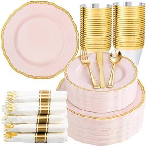lot 5214 image: Hioasis 350 Pcs Pink and Gold Plastic Plates for Wedding & Party