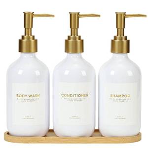 lot 5225 image: Shampoo and Conditioner Dispenser Bottles with Bamboo Tray