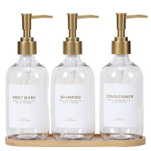 lot 5228 image: Shampoo and Conditioner Dispenser Bottles with Bamboo Tray