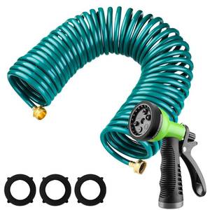 lot 5232 image: Pangda Expandable Coil Garden Hose 25 ft with Spray Nozzle, Green