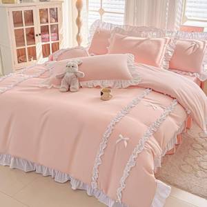 lot 6480 image: IHOUSTRIY Ruffle Duvet Cover Twin Size, Cute Bedding Set Set with Bow, 2 Pieces White Ruffle Comforter Cover with Zipper and Ties, Princess Girl Bedding - Peach, Twin