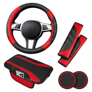lot 6485 image: AMZAUTO 6 PCS Car Accessories Set, 14.5-15 Leather Steering Wheel Cover, Center Console Cover, Seat Belt Cushion, Car Coaster, Auto Interior Accessories, Universal for Truck SUV Van (Black & Red)