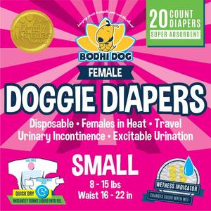 lot 6492 image: Bodhi Dog Disposable Female Dog Diapers - Super Absorbent Dog Diapers for Female Heat Cycle - Adjustable Fit Pee Wraps for Potty Training, Moisture Control & Wetness Indicator - Small (20 Count)