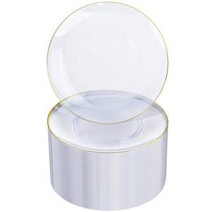 lot 7046 image: Nervure 100PCS Clear and Gold Rim Plastic Plates - 7.5�� Disposable Plates