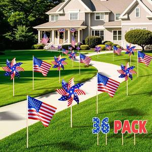 lot 8163 image: onbuwws 36 Pcs 4th of July Decorations, Patriotic Memorial Day Pinwheels and Flags Small Fourth of July Red White and Blue Labor Day Windmills Independence Day Parade Outdoor Yard Garden Party Decor
