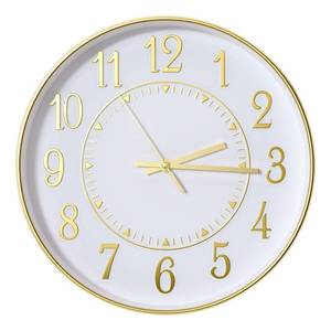 lot 8173 image: (not as seen in photo wood grain)BAKBRAND Wall Clock Modern Non-Ticking Battery Operated Silent Wall Clocks Simple Style Quartz Movement 3D Stereoscopic Dial Round Analog Decor Clock for OfficeLiving RoomBedroom(White-Gold, 12inch)