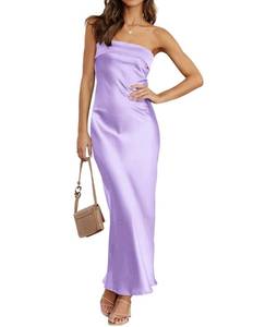 lot 8188 image: MEROKEETY Women 2025 Summer Strapless Satin Tube Bodycon Backless Wedding Guest Maxi Dress, Purple, L
