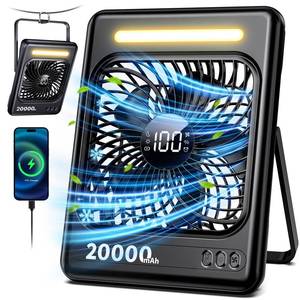 lot 8197 image: 20000mAh Battery Powered Fan, Max 60H Runtime, Ultra-Slim Travel Fan, 5 Speeds Portable Rechargeable Fan with LED Lantern, 2468 Timer Personal Camping Fan for Cruise Fishing Ship Tent Office Home