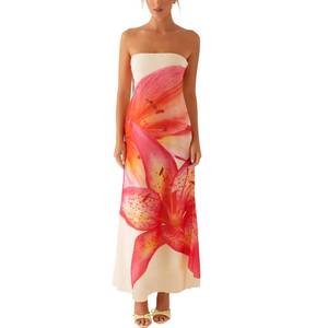 lot 8216 image: ACOSAP Women Y2k Strapless Maxi Dress Summer Backless Floral Long Tube Dress Red White L