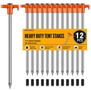 lot 8232 image: TEOYNGU 12-Pack Heavy Duty Camping Tent Stakes, 7.1-Inch Rust-Resistant Metal Tent Pegs with Orange Rubber Protective Sleeves for Tarps, Canopies and Garden Use