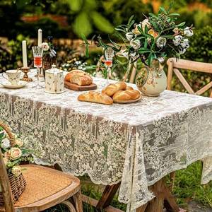 lot 8241 image: JE JOUE French Embroidery Lace Tablecloth - Rectangular for Coffee Tables, Vintage Beige Lace Table Cover for Kitchen, Dining Room, Party, Banquet, Wedding, Picnic, Home Decor��118  53in��Beige��