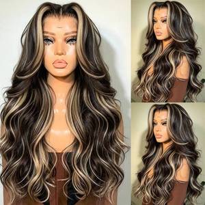 lot 8282 image: SISIFIRE Highlight Body Wave Lace Front Wigs for Women Heat Resistant Fiber Ombre Blonde Loose Curly Wavy Lace Wig with Baby Hair Synthetic Glueless Lace Front Wig