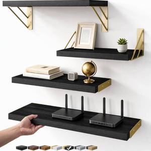BAYKA Floating Shelves for Bedroom Decor, Wall Shelves for Storage, Wall Mounted Rustic Wood Floating Shelf for Books,Corner Shelf for Bathroom,Kitchen,Living Room(Black and Goldï¼Set of 4)