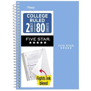 lot 14350 image: Five Star Spiral Notebook, 2 Subject, College Ruled Paper, 6 x 9.5, 80 Sheets, Blue (840029CG1)