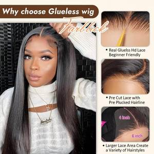 lot 14388 image: Wear and Go Glueless Wigs Human Hair Pre Cut 6X4 Straight Lace Front Wigs