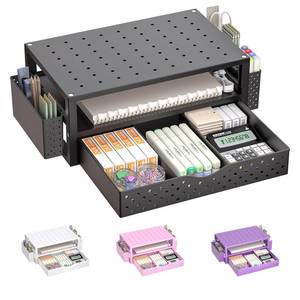 lot 19965 image: WALI Desk Organizer with Drawer and Pen Holder, 3 Tier Computer Monitor Stand for Home Office Supplies, Laptop Stand Riser for Computer, Laptop, Printer(PTT004-B), 1 Pack, Black