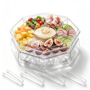 lot 19971 image: IVYHOME 5 Compartments Ice Serving Lazy Susan, Divided Shrimp Cocktail Serving Dish with Lid, Plastic Taco Platter, Chilled Serving Tray for Veggie, Fruit, Salad, Mimosa Bar Supplies in PartyBuffet