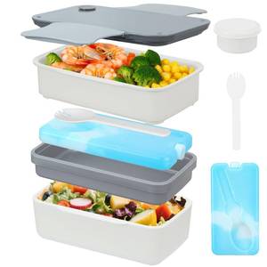 lot 20197 image: Globright Bento Lunch Box Adult, 3 Stackable Lunch Containers for Adult Kids Men Women, Leak-Proof Built-in Utensil Set Reusable Ice Pack (white)