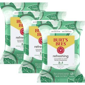 lot 20204 image: Burts Bees Cucumber and Mint Face Wipes, Refreshing Makeup Remover and Facial Cleansing Towelettes, 99 Percent Natural Origin, Remove Makeup, Cleanse, All Skin Types, 30 ct., Three Pack