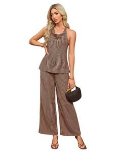 lot 20210 image: winkbay Womens 2 Piece Cocktail Outfits Elegant Striped Backless Cowl Neck Halter Top and Wide Leg Pants Set Multicolor Large