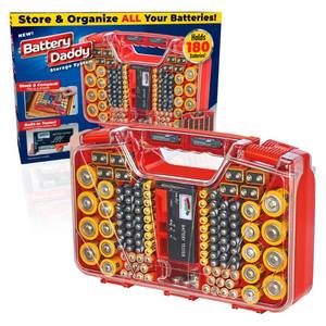 lot 1729 image: Ontel Battery Daddy Organizer Storage Case & Tester, Holds 180, Red