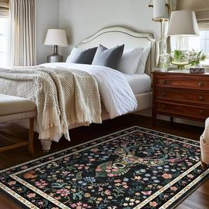 lot 1736 image: Area Rug Vintage Floral Deer Pattern 4x6 - Bohemian Forest Animal Carpet with Squirrel & Butterfly, Soft Decorative Area Rug for Living Room Bedroom Home Decor
