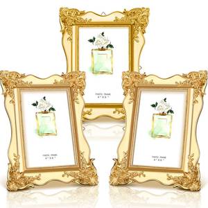 lot 1738 image: GlikCeil 3 Pcs 4 x 6 Vintage Picture Frame Trim Antique Ornate Resin Photo Frame with Easel and Hook for Tabletop Wall Art Decor Display Home Office (Gold)