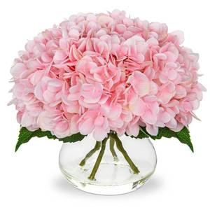 lot 1744 image: Hollyone Pink Hydrangea Artificial Flowers with Glass Vase Silk Faux Flowers Arrangements with Clear Faux Water Fake Floral Bulk Bouquet for Home Decor Table Centerpiece Decorations