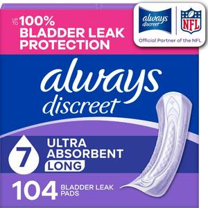 lot 1767 image: Always Discreet Adult Incontinence Pads for Women, Drier, 7 Drop Long Length, Ultra Absorbency, Pads for Bladder Control Management, Bladder Leaks, Overnight & Postpartum Pads, 104ct