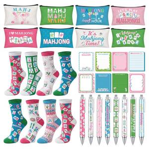 lot 1768 image: Funrous 32 Pcs Mahjong Gifts Set Mahjong Theme Makeup Bags Socks to Do List Mini Notepads Theme Ballpoint Pens for Adult Friend Coworker Classroom Exchange Office Holiday Party Favors