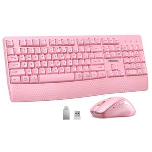 lot 1771 image: MEETION Wireless Keyboard and Mouse Combo, Full-Size with Wrist Rest, Pink
