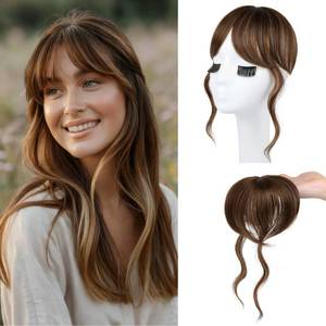 lot 2247 image: Flufymooz Clip in Bangs,12 Inch French Bang Fringe with Temples Hairpieces for Women Daily Wear-Medium Brown with Blonde Highlight