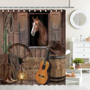 lot 2263 image: Mocsicka Western Cowboy Shower Curtain, Southwest Country Farmhouse Barn Design, Waterproof Polyester Fabric, 72 x 72 Inch, Brown, 12 Hooks