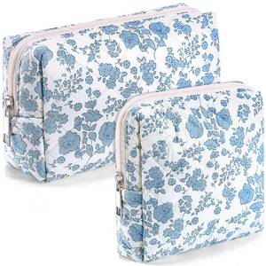 lot 2292 image: Paterr 2 Pcs Quilted Makeup Bag Cotton Coquette Blue Floral Cosmetic Bag Cute Aesthetic Travel Toiletry Organizer Skincare Pouch Toiletry Organizer Portable Pencil Case for Back to School Women Gift
