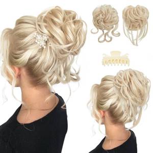 lot 2308 image: SARLA 2PCS Messy Bun Hair Pieces for Women Detachable Claw Clip Wavy Curly Synthetic Hairpieces for Updos with Tendrils Fake Scrunchies Ponytail Extension Light Champagne