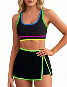 lot 2335 image: VIMPUNEC Womens Neon Color Block Bikini Set Tummy Control Swimsuit, Two piece High Waisted Swim Skirt, Black, SizeM