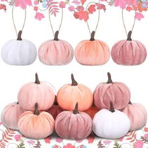 lot 2370 image: Vercraft 12 Pcs Velvet Fall Pumpkin Ornament 2 Inch Fall Decor, Pink White