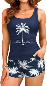 lot 2372 image: Womens Live Simple Coconut Tree Two Piece Tankini Tank Swimsuits Funny Palm Tree Beach Vacation Swimwear with Two Side Pockets(Size-XXL, Navy)