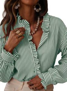 lot 2445 image: Astylish Womens Button Down Classic Stripe Shirt Casual Tops 2026 Fall Flowy Long Sleeve Ruffle V Neck Boho Vertical Thin Striped Blouses Green Stripe Small